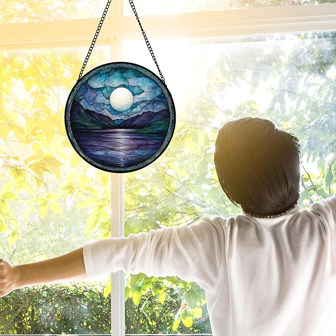 DASTOLL Stained Glass Window Hanging, Blue Night Moon Lake Sun Catchers Colorful Glass Panel Landscape Suncatcher Decor for Birthday for Women, Men, Wife, Aunt, and Mom 6.3 in