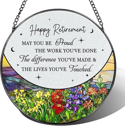 8” Stained Glass Suncatcher Ornament – Floral Retirement Window Hanging Decorations, Retirement Gifts & Retired Gifts for Women, Men, Friends, Coworkers, Teachers - Style G