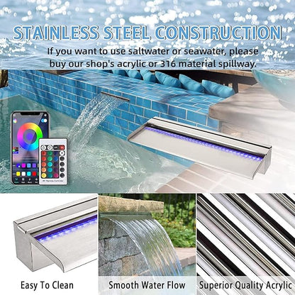 24 Inch APP 304 Stainless Steel Pond Fountains with 16 Color LED Lights, Outdoor Water Patio Waterfall Spillway Kit for Garden Patio, Swimming Pool, Koi Ponds Decoration