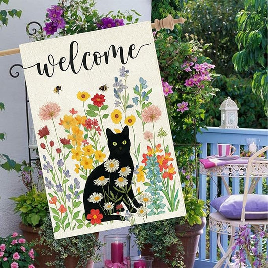 Baccessor Spring Summer Black Cat House Flag Double Sided 28x40 Inch Burlap,Floral Flowers Welcome Large Garden Flag Porch Patio Front Yard Seasonal Farmhouse Outside Outdoor Decor