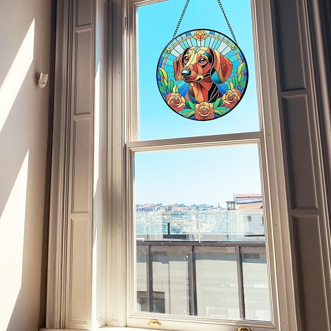 Stained Glass Dog Memorial Suncatcher,Dachshund Window Hanging,Sympathy Gifts for Pet Loss,7.9 inch/20 cm Home and Garden Decor for Dog Lovers