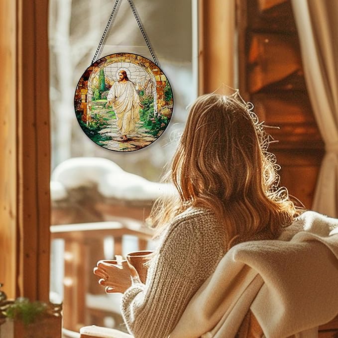 He is Risen Resurrection of Jesus Suncatcher Stained Glass Window Hanging, Christian Jesus Sun Catchers Indoor Window Glass Round Wall Decor, Religious Wall Art Hanging Decorations, ＂7.8x7.8＂