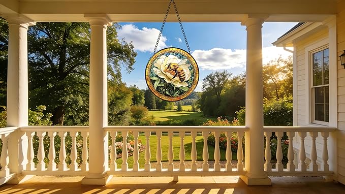 Funoasis Stained Glass Window Hanging 6.3 Inches Suncatcher - A Bee is Collecting Nectar from A Large White Flower Ornaments Sun Catcher Home Decor Women Birthday