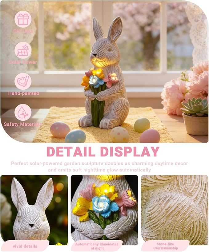 Nacome Solar Bunny Garden Decor: Outdoor Rabbit Statue with Succulent for Yard Art Lawn Ornaments Porch Patio Balcony - Easter Birthday Gifts for Mom Women Grandma