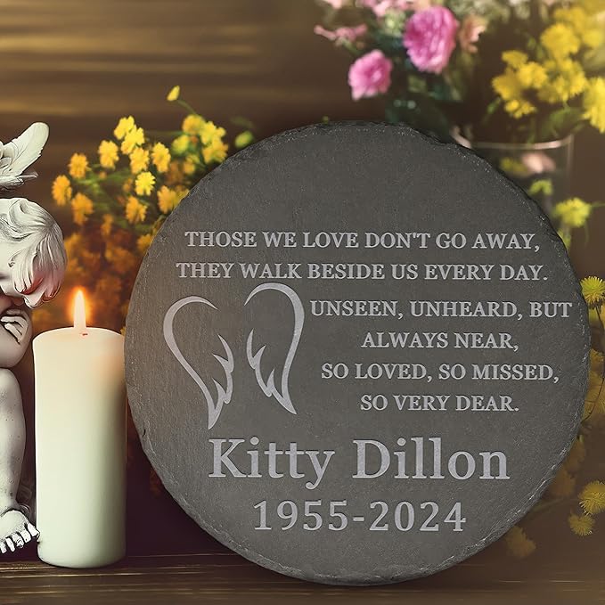 Memorial Garden Stone, Memorial Stone, Personalized Memorial Gifts, Sympathy Gifts for Loss of Loved One, Bereavement Gift for Loss of Father Mother - Angels Wings, Love Don't Go Away - Round