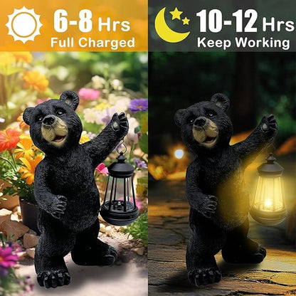 Solar Black Bear Garden Statue - 14" Resin Figurine with Solar LED Lantern, Auto On/Off Waterproof Decor, Dual Use Indoor Outdoor Light for Patio Yard Porch