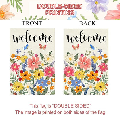 Baccessor Spring Summer Welcome House Flag Double Sided 28x40 Inch Burlap,Floral Butterflies Large Garden Flag Porch Patio Front Entry Yard Seasonal Farmhouse Outside Outdoor Decor
