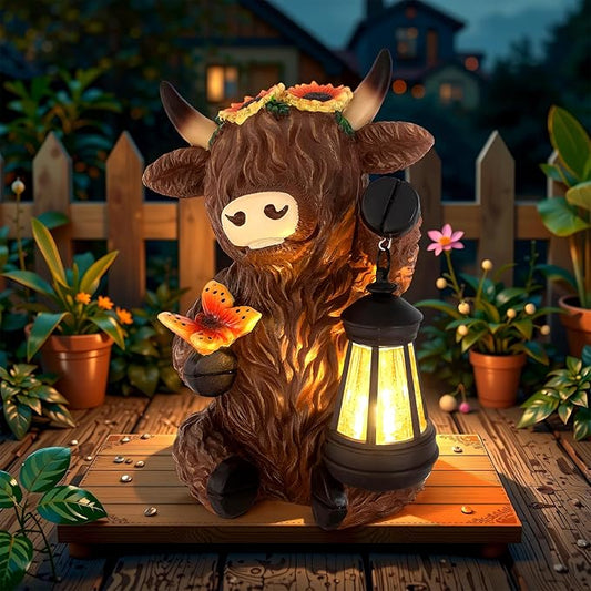 Solar Highland Cow Outdoor Statues for Garden,Outside Decor with Latern for Yard Lawn Ornaments Porch Patio Balcony Home,Birthday Easter Gifts for Grandma Mom Women