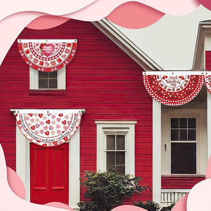 6 Pcs Valentine's Day Bunting Fan Flag Love Heart Bunting Banner Romantic Valentine's Day Garden Half Fan Banner Decoration Holiday Indoor Outdoor Yard Decor, 1.5 x 3 ft