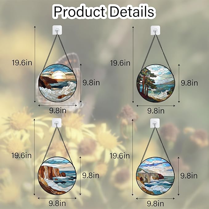 DASTOLL Stained Glass Window Hanging 4 Pcs Set Ocean Waves 9.8" - Blue and White Sea Suncatcher Door Garden Sun Catcher Decor Birthday Christmas for Mom Woman Nana Men