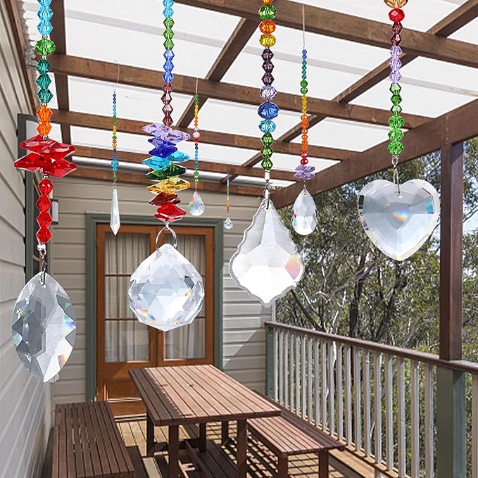 JULMELON 8 Pieces Colorful Crystals Suncatcher Hanging for Window, Rainbow Octogon Chakra Pendants Suncatchers with Crystals Beads Chain for Home Garden Christmas Day Party Wedding Decoration