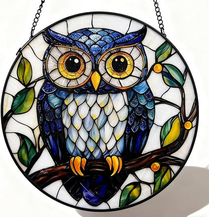 Owl Stained Glass Window Hanging Sun Catcher - Handmade Glass Window/Home Decor,Owl Gifts for Women Sun Catchers Hangings Birds Suncatcher Decor for Birthday for Women Men