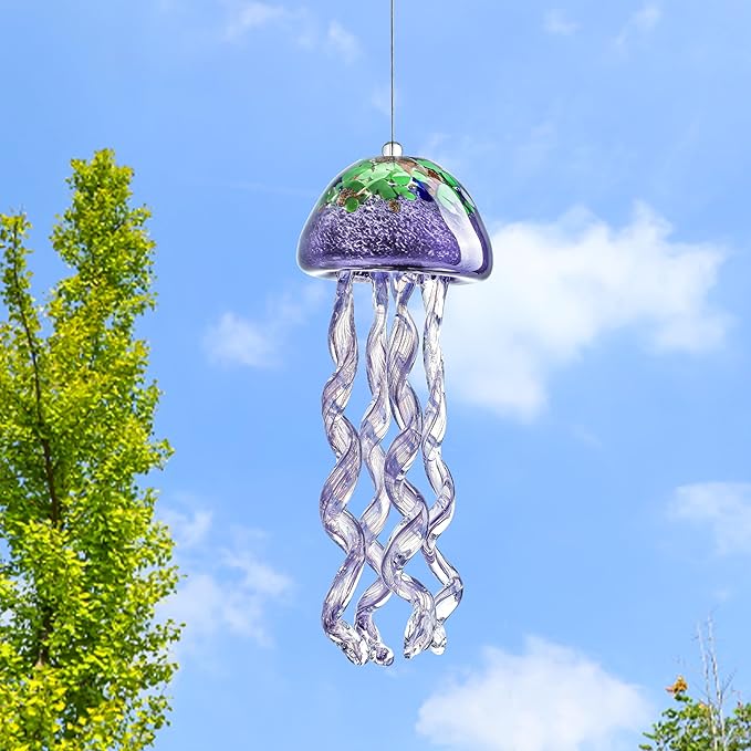 H&D HYALINE & DORA Purple Blown Glass Jellyfish Wind Chime Sea Glass Wind Chimes for Outside Jellyfish Wind Chimes Outdoor Sea Glass Decor for Patio Garden Balcony Porch(14in)