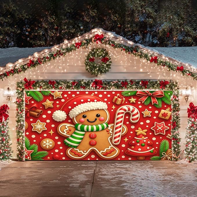 HOMETITUTE Christmas Door Banner 13x6ft Festive Gingerbread Man Red White Candy Cane Red Polka Dot Background Holiday Porch Decoration Winter Seasonal Merry Christmas Front Door Cover