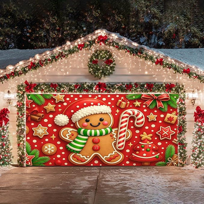 HOMETITUTE Christmas Door Banner 13x6ft Festive Gingerbread Man Red White Candy Cane Red Polka Dot Background Holiday Porch Decoration Winter Seasonal Merry Christmas Front Door Cover