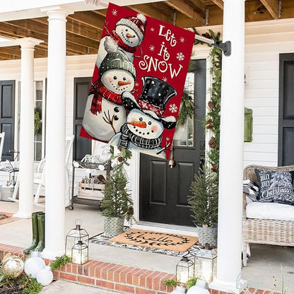 CROWNED BEAUTY Christmas Snowman House Flag 28x40 Inch Double Sided Red Xmas Let It Snow Decoration for Outside Yard CF1898-40