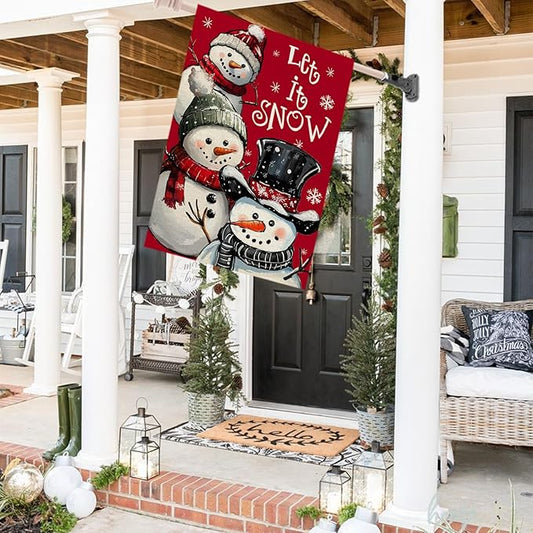 CROWNED BEAUTY Christmas Snowman House Flag 28x40 Inch Double Sided Red Xmas Let It Snow Decoration for Outside Yard CF1898-40