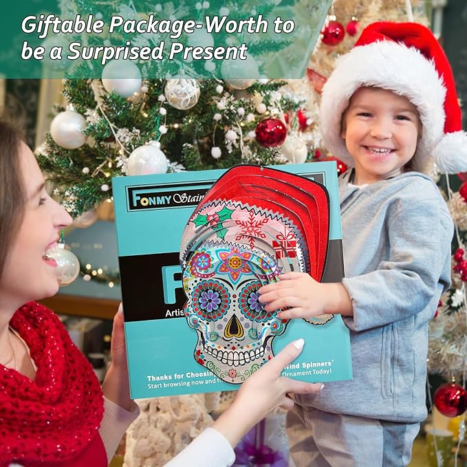 FONMY Santa Sugar Skull Wind Spinner Kinetic 3D Metal Garden Wind Sculpture Unique Gifts Christmas Decorations Quality Hanging Ornament for Home and Garden Indoor/Outdoor 12inch Mandala Wind Spinners