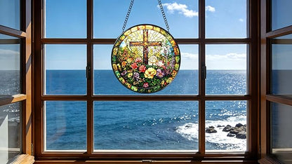 Funoasis Stained Glass Window Hanging 6.3 Inches Suncatcher - The Religious Atmosphere Imbued with A Pastoral Style Ornaments Sun Catcher Home Decor Women Birthday