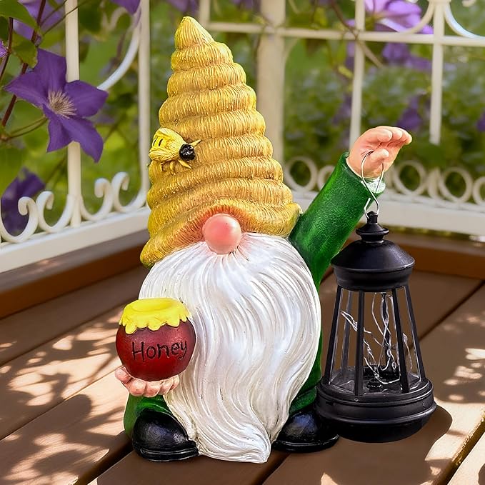 12.3'' Solar Garden Gnomes Outdoor Decor Honey Bee jar Gnome Statues with LED Lantern Spring Patio Lawn Yard Art Decoration Easter Birthday Christmas Gardening Gifts for Mom Dad, Bee Gnome