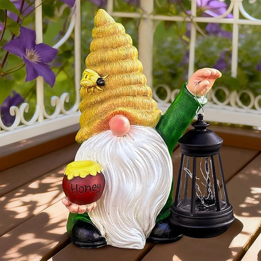12.3'' Solar Garden Gnomes Outdoor Decor Honey Bee jar Gnome Statues with LED Lantern Spring Patio Lawn Yard Art Decoration Easter Birthday Christmas Gardening Gifts for Mom Dad, Bee Gnome