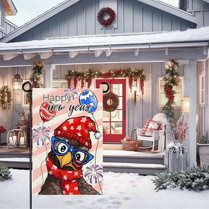Happy New Year Chicken Garden Flag Funny Rooster with Glasses Balloons & Fireworks Yard Flags Holiday Cute Cock House Banners Decoration for Outdoor Lawn or Porch 12x18 Inch