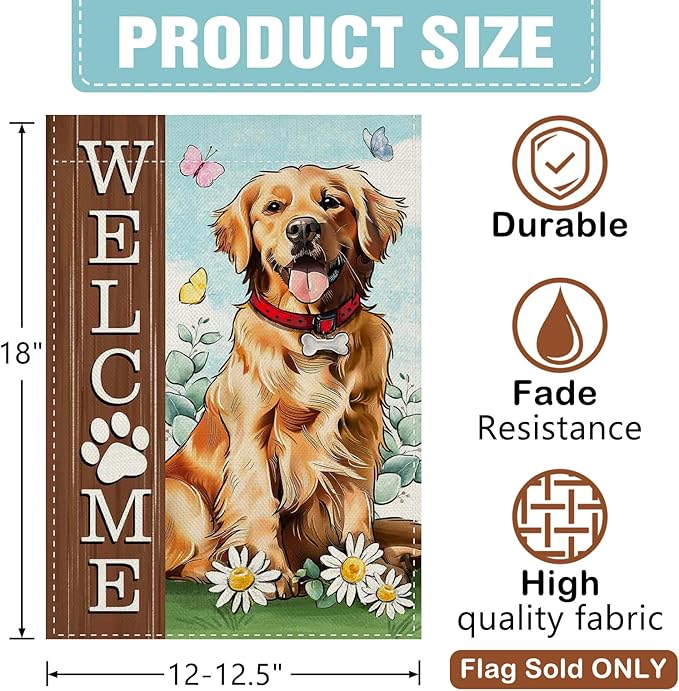 Dyrenson Welcome Golden Retriever Dog Decorative Garden Flag, Paw Prints Yard Outside Home Decoration Pet Owner Lover Gift, Spring Summer Burlap Outdoor Small Decor Double Sided 12 x 18