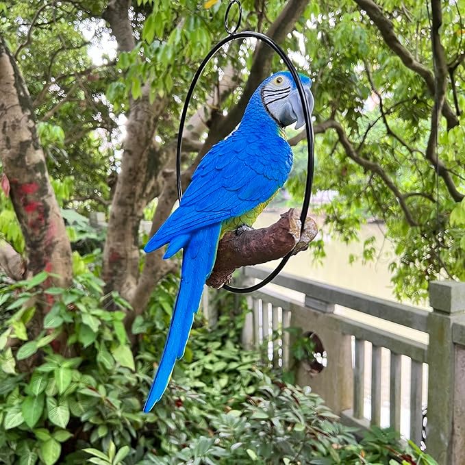 Hanging Scarlet Macaw Parrot Perching on Branch in Metal Round Ring for Home Patio Garden Decor 16" H (Blue and Yellow)