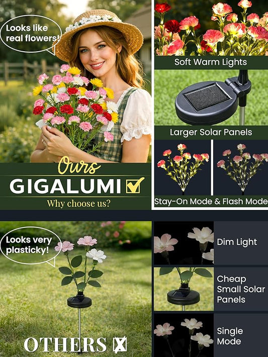 GIGALUMI Solar Lights Outdoor for Garden Decor, 4 Pack Solar Flower Lights Waterproof, 2 Lighting Modes 28 Carnations for Pathway,Yard, Patio Decoration, Gardening Gifts for Women (Multi-Colored)