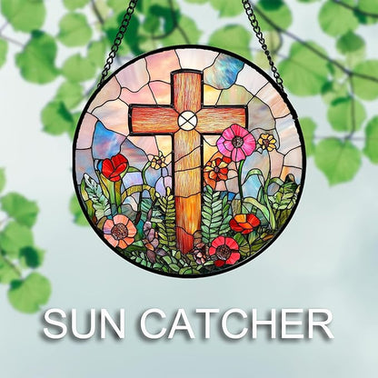 DASTOLL Christian Gifts for Women - Cross Stained Glass Window Hanging Easter Colorful Wildflowers Sun Catcher Garden Religion Decor Mother's Day Catholic Gift for Men Grandma Mom Nana Her 7.8"