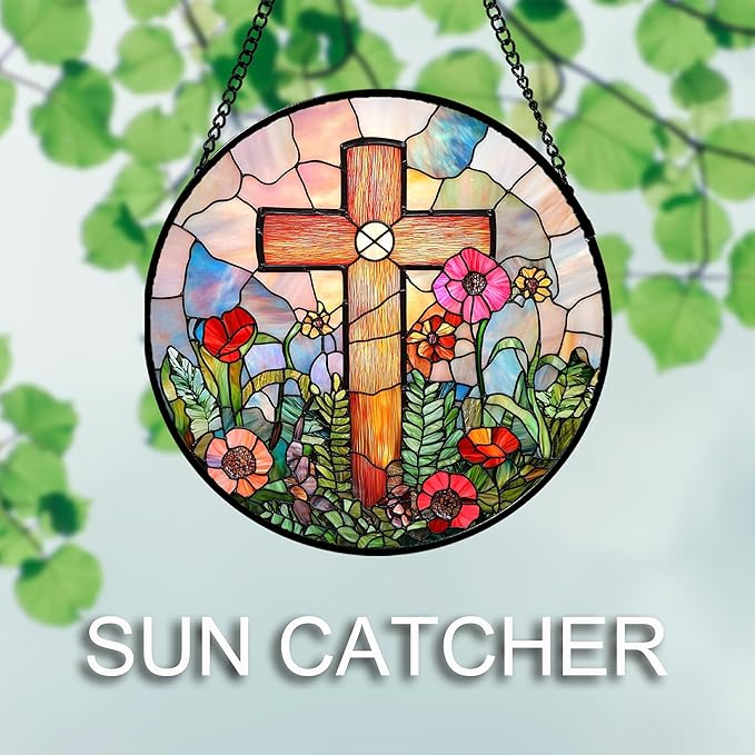 DASTOLL Christian Gifts for Women - Cross Stained Glass Window Hanging Easter Colorful Wildflowers Sun Catcher Garden Religion Decor Mother's Day Catholic Gift for Men Grandma Mom Nana Her 11.8"
