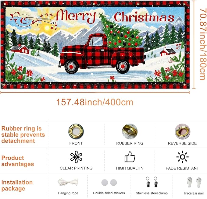 IVN Christmas Garage door banner Red Plaid Truck Christmas Tree Winter Mountain Scene Door Cover Indoor And Outdoor Studio Background Hanging Decoration 13x6ft