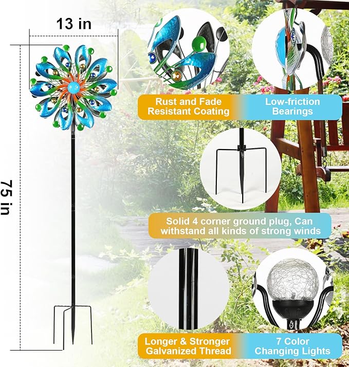 MLKNK Wind Spinners for Yard and Garden - Wind Sculptures & Spinners, 75 Inch, Navy Blue, Kinetic Art with Solar Powered Multi-Color Glass Ball Light
