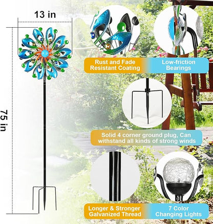 MLKNK Wind Spinners for Yard and Garden - Wind Sculptures & Spinners, 75 Inch, Navy Blue, Kinetic Art with Solar Powered Multi-Color Glass Ball Light