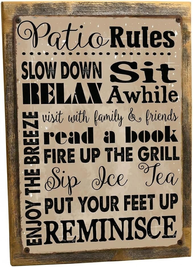Homebody Accents Patio Rules Sign - Rustic Steel Porch Wall Decor, Outdoor Sign for Back Patio, Deck and Screened Porch, Positive Thinking Home Gift, Made in USA - 13"x17" Framed