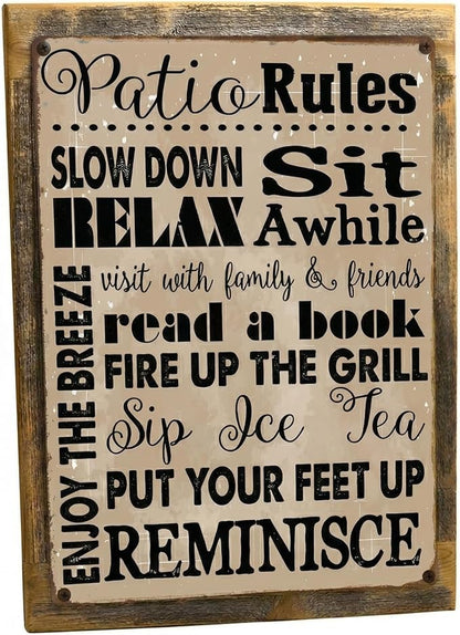 Homebody Accents Patio Rules Sign - Rustic Steel Porch Wall Decor, Outdoor Sign for Back Patio, Deck and Screened Porch, Positive Thinking Home Gift, Made in USA - 13"x17" Framed