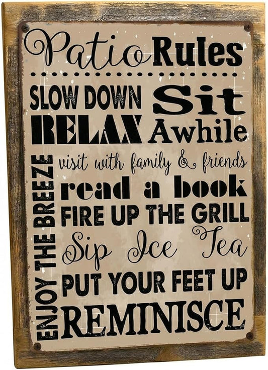 Homebody Accents Patio Rules Sign - Rustic Steel Porch Wall Decor, Outdoor Sign for Back Patio, Deck and Screened Porch, Positive Thinking Home Gift, Made in USA - 13"x17" Framed