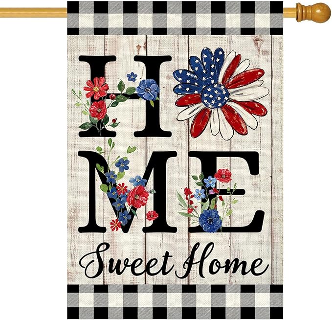 ORTIGIA Memorial Day Patrioctic House Flag Burlap Vertical Double Sided 4th of July Independence Day Home Sweet Home Large House Flag Yard Outside Outdoor Decor 28x40 Inch