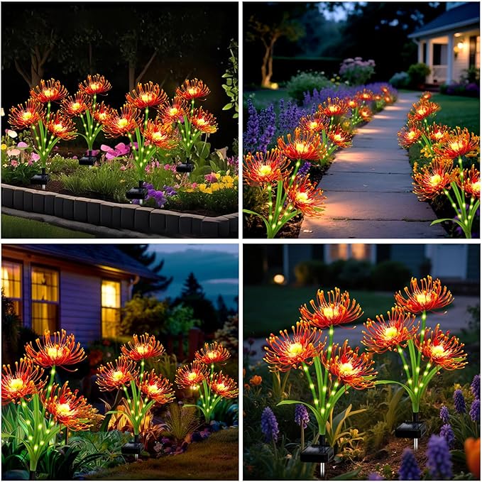 Solar Garden Flower Lights Outdoor,6 Pack Orange Spider Lily Lights with Glowing Stems,Waterproof Fall Decor Solar Yard Decor for Patio Lawn Pathway,Thanksgiving Garden Gifts for Women Mom Grandma