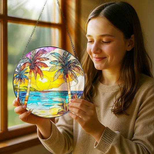 Stained Glass Window Hanging, 8 Inch Beach Sunset Stained Glass Suncatcher, Window Hanging Decor, Beach Lover Home Decor, Seabeach Sunrise Suncatcher, Gift for Mom Grandma