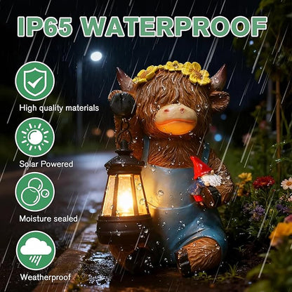 Solar Highland Cow Gnomes Garden Decorative Statue - Resin Solar Lights Cows Figurine Yard Outdoor Decor with Detachable Lantern, Animal Figurines Balcony Ornaments, for Women/Mom