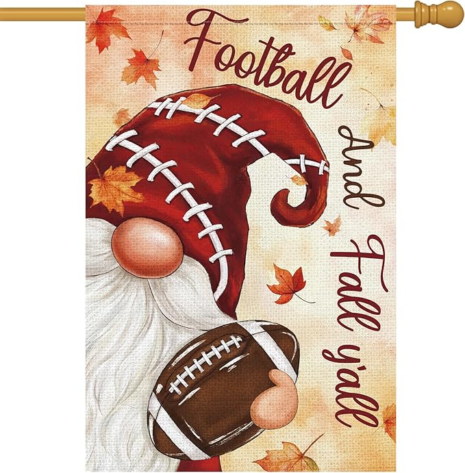 Heyfibro Football and Fall Y'all Gnome Garden Flag 28x40 Double Sided Burlap, Maple Leave Rugby Sports Events Yard Flags for Thanksgiving Rustic Seasonal Autumn Outdoor Decoration (ONLY FLAG)