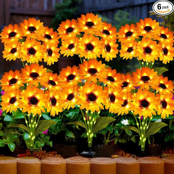 Solar Garden Lights Outdoor, 6 Pack Sunflower Lights with 36 Sunflower, Waterproof 60 Led Garden Fall Decor, Gifts for Mom Grandma, Decorative Solar Flowers for Pathway Patio Yard Flowerbed Decoration