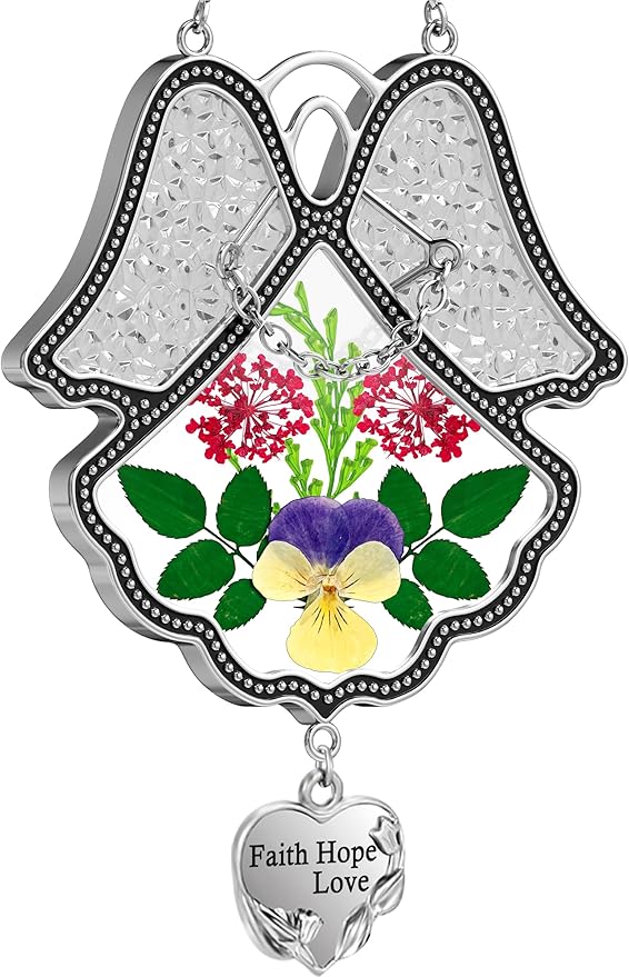 KY&BOSAM Angel Suncatcher Faith Hope Love Stained Glass Panels Suncatchers for Windows Hangings Wind Chime with Pressed Flower Glass and Metal Heart Charm Birthday Gifts for Mom Mothers Day Christmas