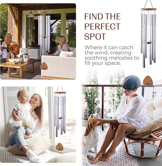 UpBlend XL Wind Chimes for Outside Gift – Deep Tone Wind Chime with Decorative Stone – Garden and Patio Décor for Porch or Yard, Elegant Outdoor Ornament, Meaningful Gift for Neighbors. 41” Silver.