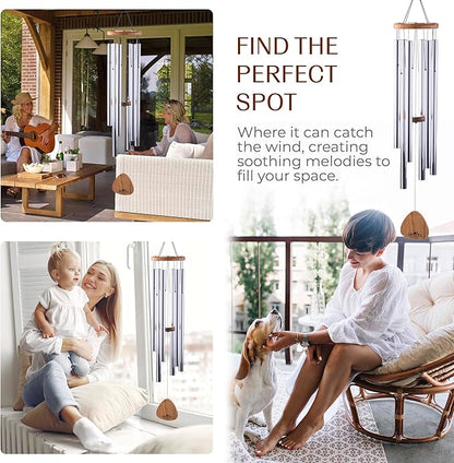 UpBlend XL Wind Chimes for Outside Gift – Deep Tone Wind Chime with Decorative Stone – Garden and Patio Décor for Porch or Yard, Elegant Outdoor Ornament, Meaningful Gift for Neighbors. 41” Silver.