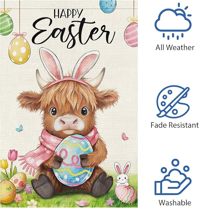 Heyfibro Happy Easter Highland Cow Bunny Garden Flag 12x18 Double Sided Burlap, Cute Cow with Bunny Ears & Easter Egg Yard Banner for Spring Holiday Farmhouse Yard Outdoor Decor(ONLY FLAG)