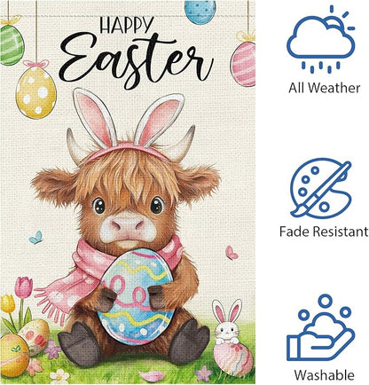 Heyfibro Happy Easter Highland Cow Bunny Garden Flag 12x18 Double Sided Burlap, Cute Cow with Bunny Ears & Easter Egg Yard Banner for Spring Holiday Farmhouse Yard Outdoor Decor(ONLY FLAG)