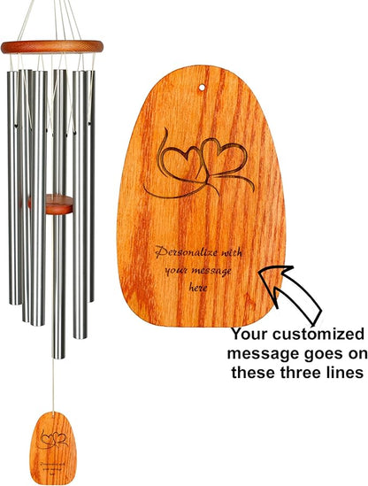 Woodstock Wind Chimes Personalized Amazing Grace Memorial Chime for Outside 40'' Large Silver Customized Double Heart Wind Chime for Outdoor Patio Home Garden Decor & Wedding Gift (P-AGLS15)
