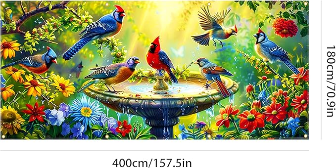Garage door banner 157.5x70.9 inches large garage door cover outdoor spring garden decoration with bird pattern, garage door decoration with eyelets and rope, suitable for house exterior walls.